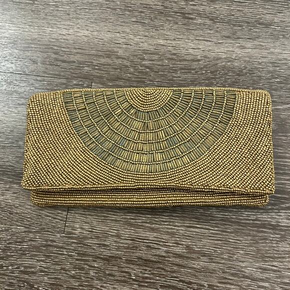Moyna Gold Hand Beaded Art Deco Evening Clutch Foldover Wedding Party Purse Bag - Picture 2 of 11